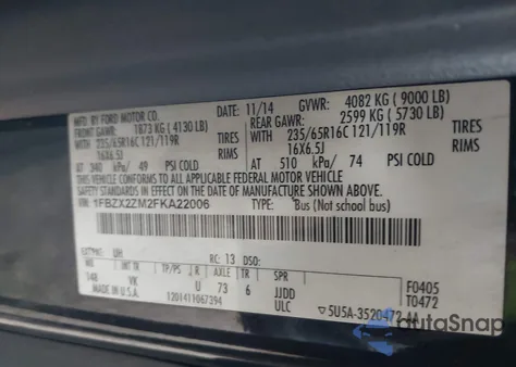 2015 Ford Transit-350 Xl из США, поврежденный, VIN 1FBZX2ZM2FKA22006